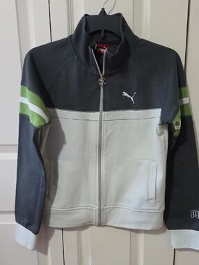 Puma Kids' Grey & White Full-Zip Jacket with Green Accents